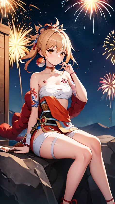 yoimiya,sit in rock,8k raw,background night,fire work,sky rocket,toffee apple,