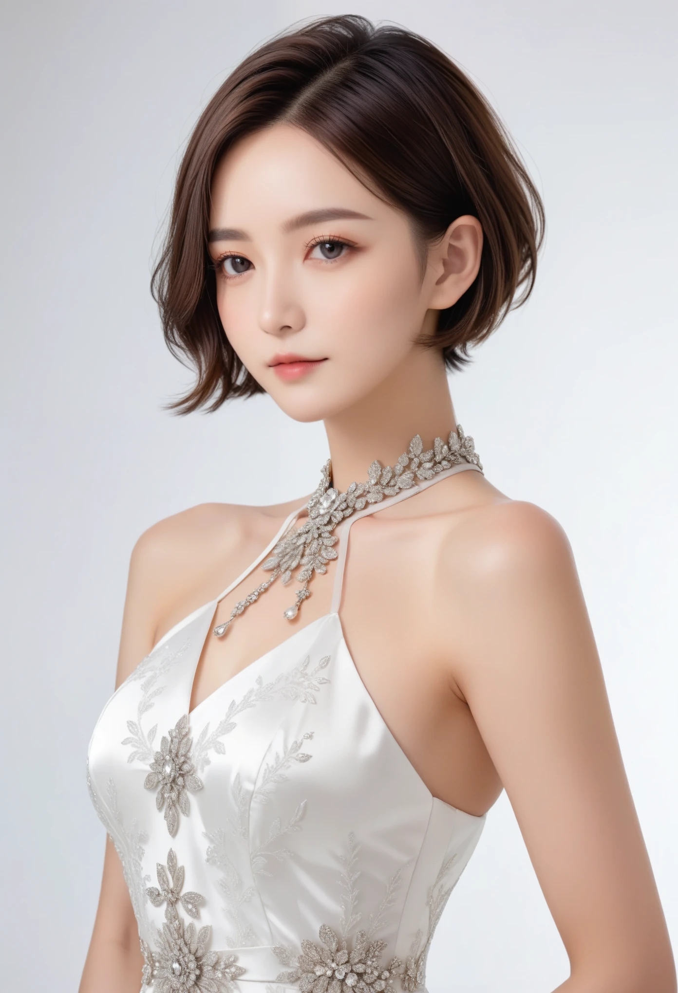 Short haired goddess,dressed in a charming and elegant white Evening dress,cool expression,light smile,fashionable and luxurious,black eyes,standing posture,Complete head and upper body photos,advertising photography,white background,exquisite and realistic,high-definition,8K,perfect facial details,the best quality,