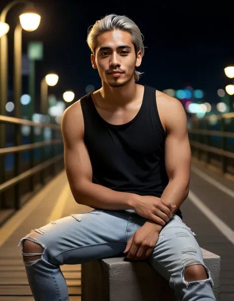a young handsome man with ideals body, olive skin, silver hair in a ponytail, wearing a black tank top, ripped levis trousers, s...