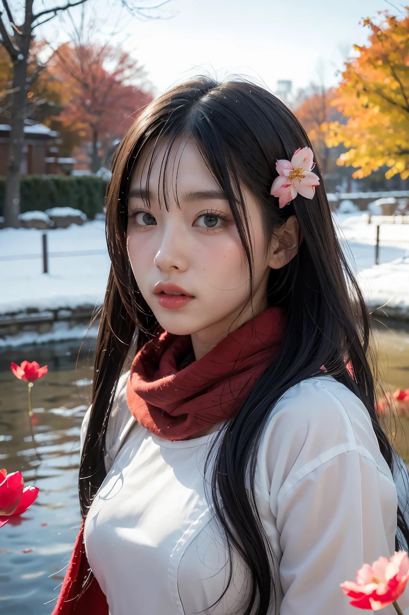  48ก（Masterpiece，KHD，Hyper HD，48ก）black hairยาวสลวย，pond，Siding,teenage girl 18（Pleasing the girls）， （red scarf in the snow）， stand up， looking at camera， long white hair， floating hair， Chinese long sleeve silver battle robe， （Abstract water splash：1.2）， pink petals background，flying tulips（realistically：1.4），black hair，Autumn leaves sway，The background is pure.， High resolution， details， RAW photos， Sharp Re， Nikon D850 film stock photo by Jefferies Lee 4 Kodak Portra 400 F1 camera.6 shots, Various colors, Ultra realistically bright surface, incredible light, Unreal Engine Art Station Trends, Sinestir 800，black hairยาวสลวย，clear battle coat clothing