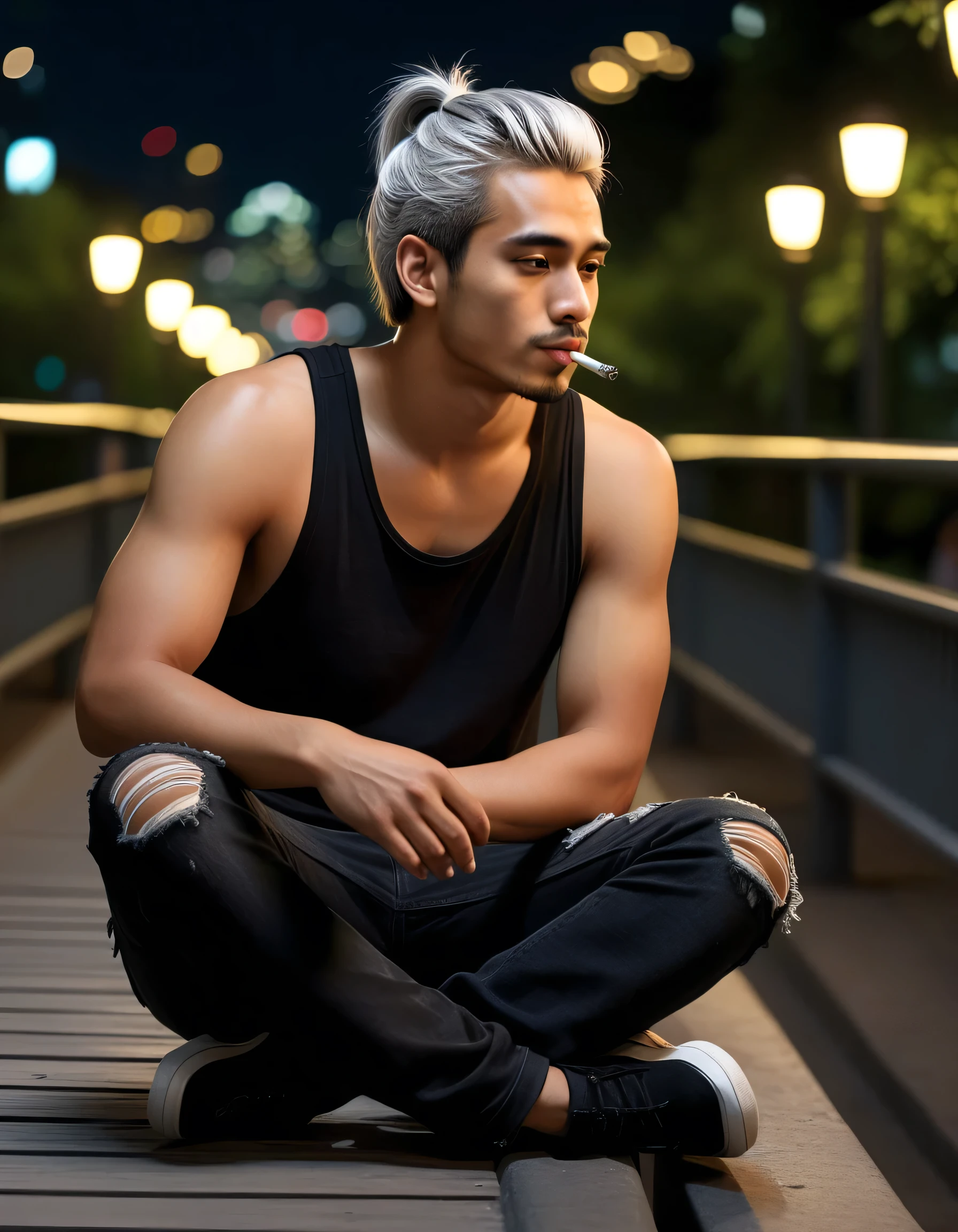 un jeune bel homme avec un corps idéal, peau couleur olive, cheveux argentés en queue de cheval, porter un débardeur noir, pantalon Levis déchiré, assis seul sur une passerelle piétonne la nuit en fumant, interagir avec l&#39;environnement, Face à la caméra, pose dynamique, super bokeh, 32k Ultra HD, ultra réalisme, photographie hyperréaliste, détails complexes, Meilleure qualité, chef-d&#39;œuvre