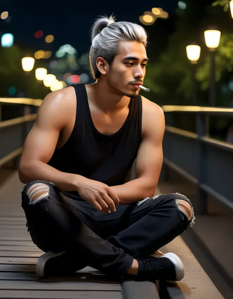 a young handsome man with ideals body, olive skin, silver hair in a ponytail, wearing a black tank top, ripped levis trousers, s...