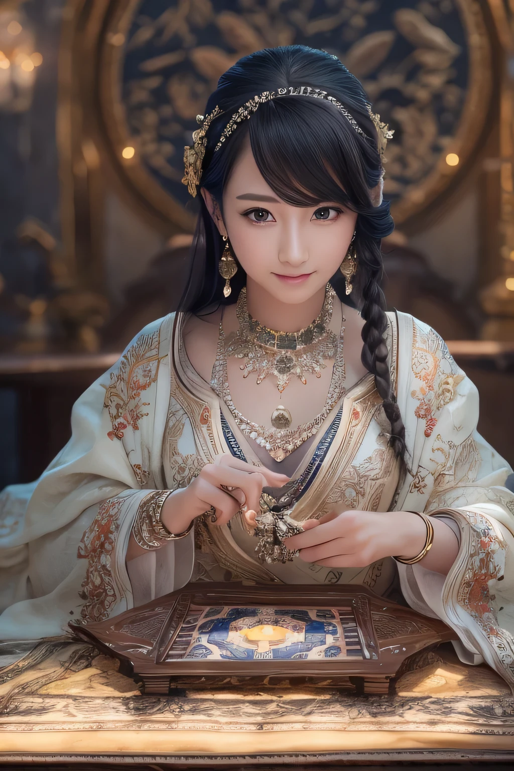 (highest quality, masterpiece:1.2), Ultra-high resolution, Realistic, Front lighting, Intricate details, Exquisite detail and texture, One girl, Mature, alone, Facial highlights, Upper Body, Detailed face, mysterious, smile, 白 skin, Black Hair, Straight Long, View Viewer, Big eyes, Fortune teller&#39;s clothes, Earrings, Small breasts, The body is slim, Divination table, Professional Lighting, Photon Mapping, Radio City, Physically Based Rendering,