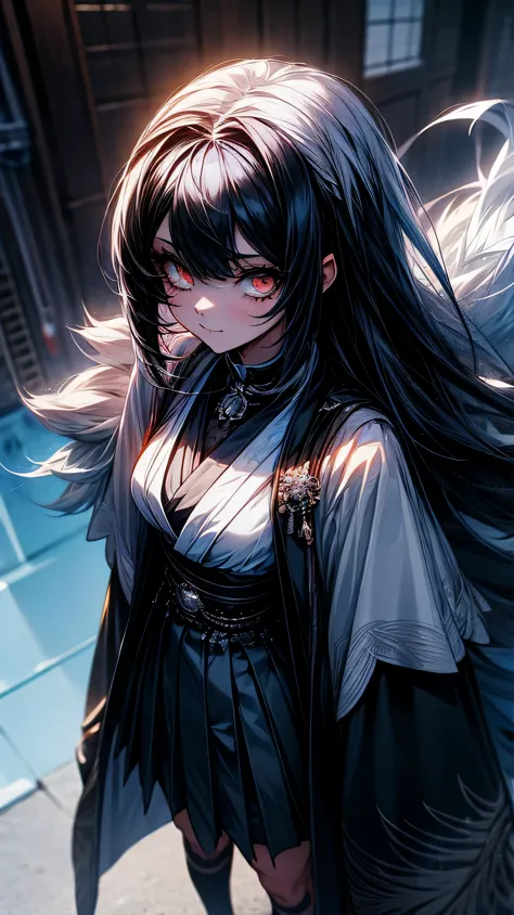 anime girl with long black hair and  white hair , white shirt, black coat and black skirts, 1 7 - year - old anime goth girl, an...