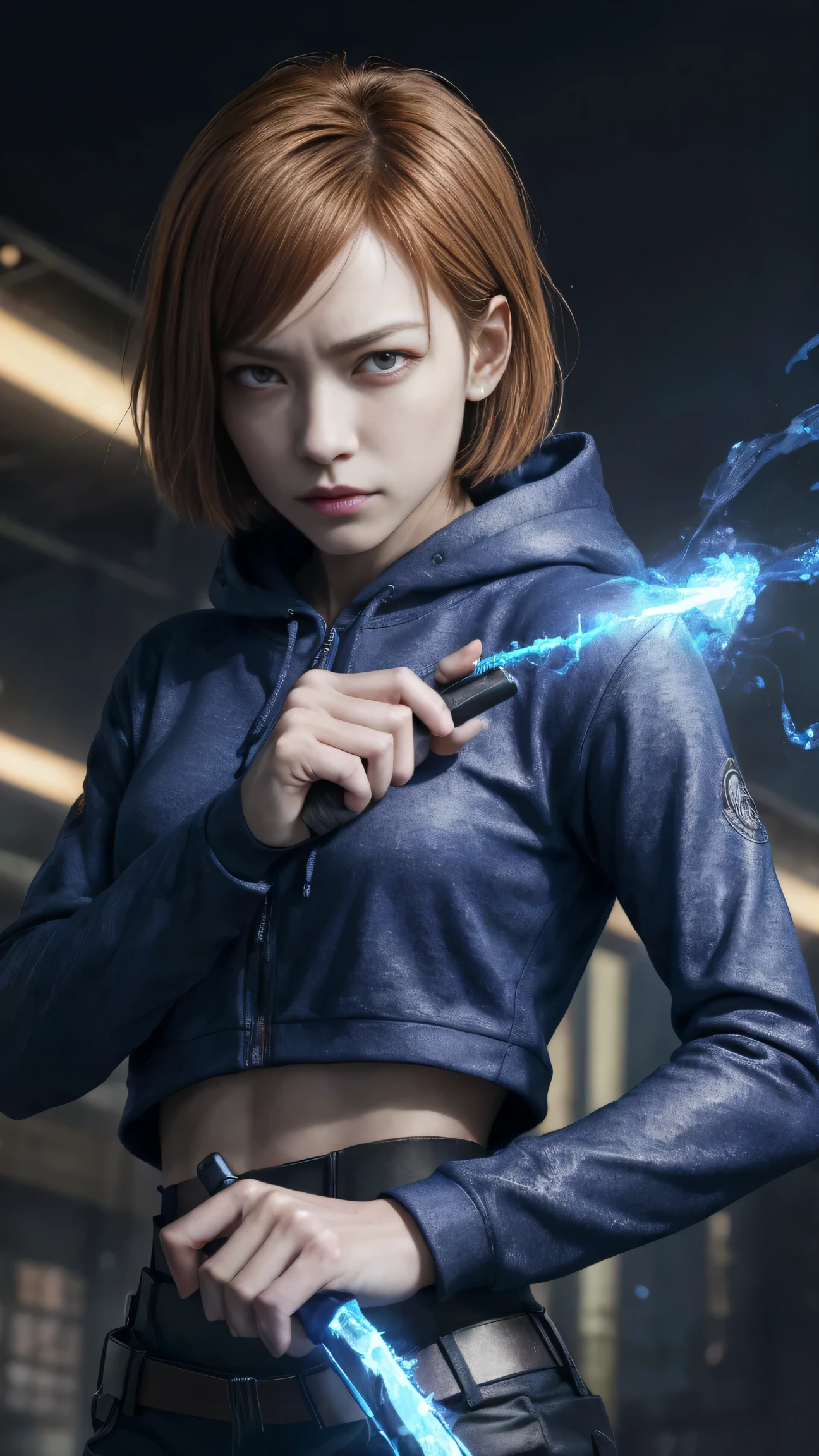 1 girl, beautiful Nobara, , bangs, cyberpunk Hoodie,volume lighting, highest quality, masterpiece, intricate details, tone mapping, sharp focus, very detailed, Trending at Art Station, 4k,whole body、condescending eyes、scorned eyes、brown hair、((He has a small metal hammer in his right hand.１have one,full swing))、(floating three nails wrapped in blue flame),looking at the viewer