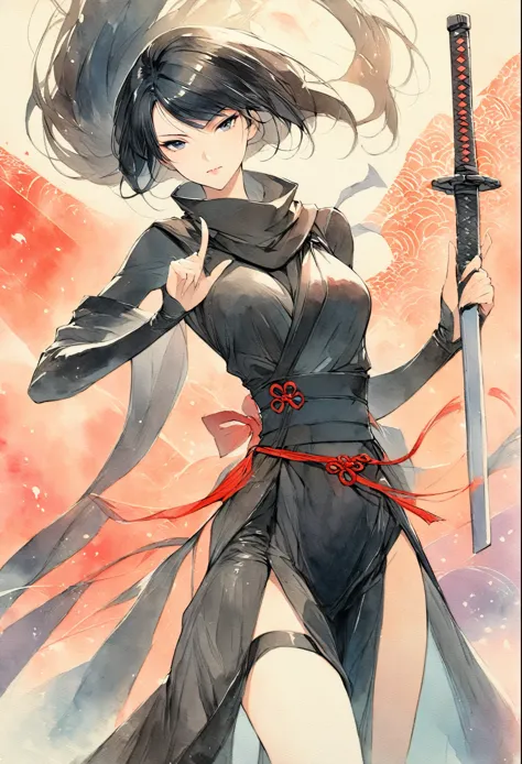 masterpiece, Best quality, Drawing of a black-haired futuristic female ninja illustration, watercolor (medium), 1girl, breast, D...