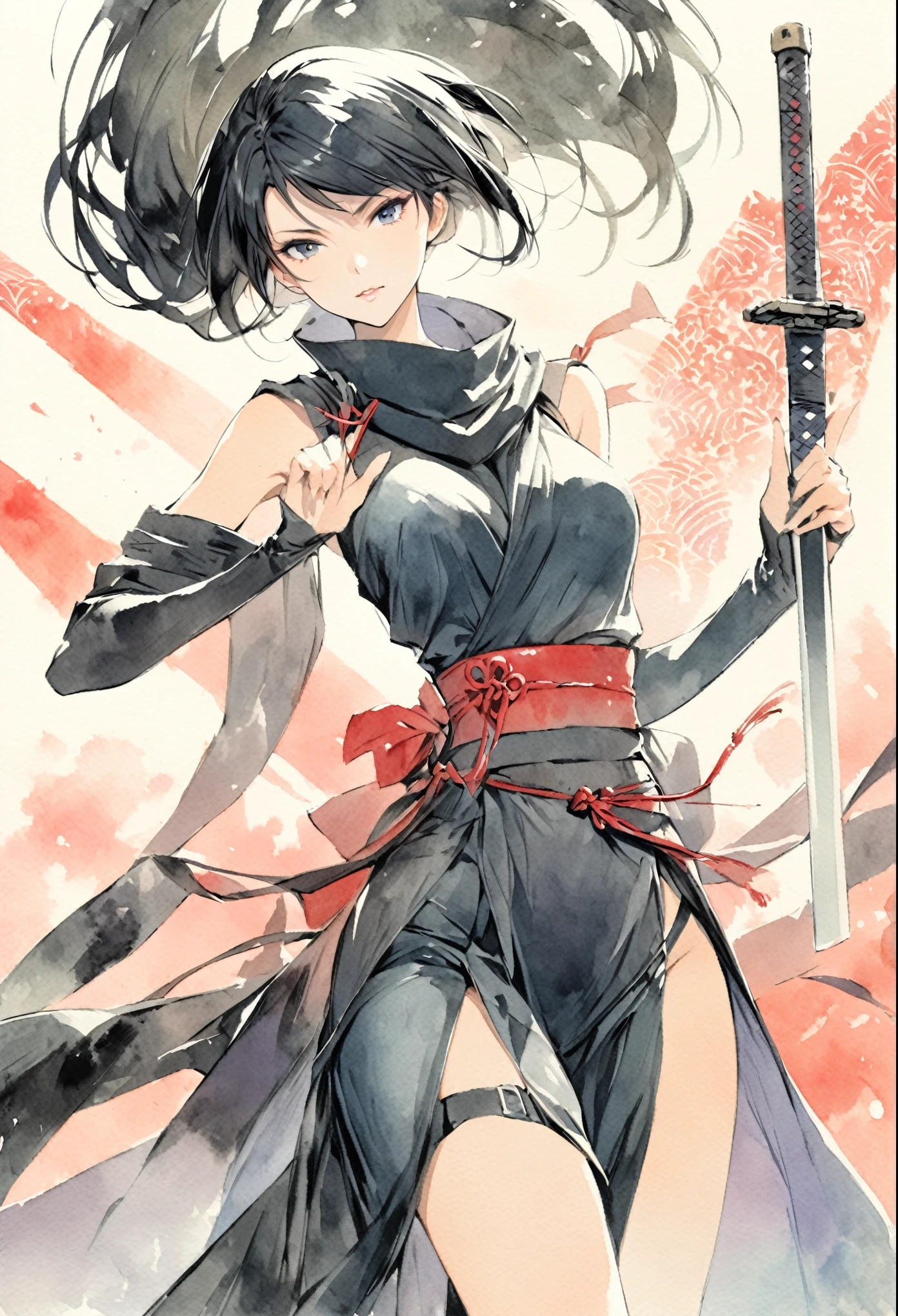 masterpiece, Best quality, Drawing of a black-haired futuristic female ninja illustration, watercolor (medium), 1girl, breast, Dressed in sophisticated modern ninja costumes，Equipped with traditional and technological weapons. She has long black hair，Tied with a red ribbon and a symbol。She must be wearing a high-end black outfit with red accents，These include letters. She was holding a sword，The hilt and scabbard have intricate patterns. The background is the Edo period, Five fingers, The index finger of the right hand points to the sky.