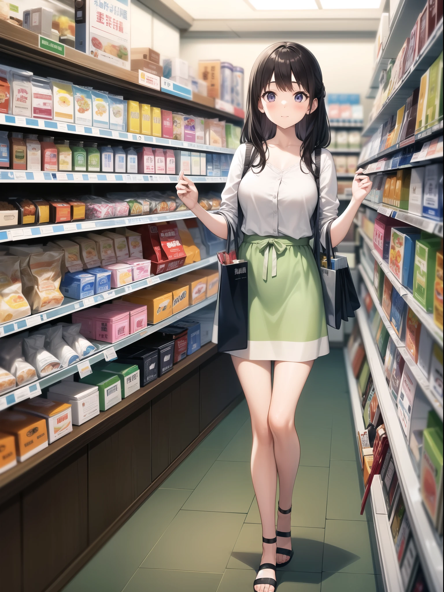 Inside a bright convenience store、A young woman is looking at products on the shelf。There are various products on the shelves、The store is clean and tidy。A woman with a shopping basket、Casually dressed and relaxed。Depicts everyday shopping scenes at a convenience store。