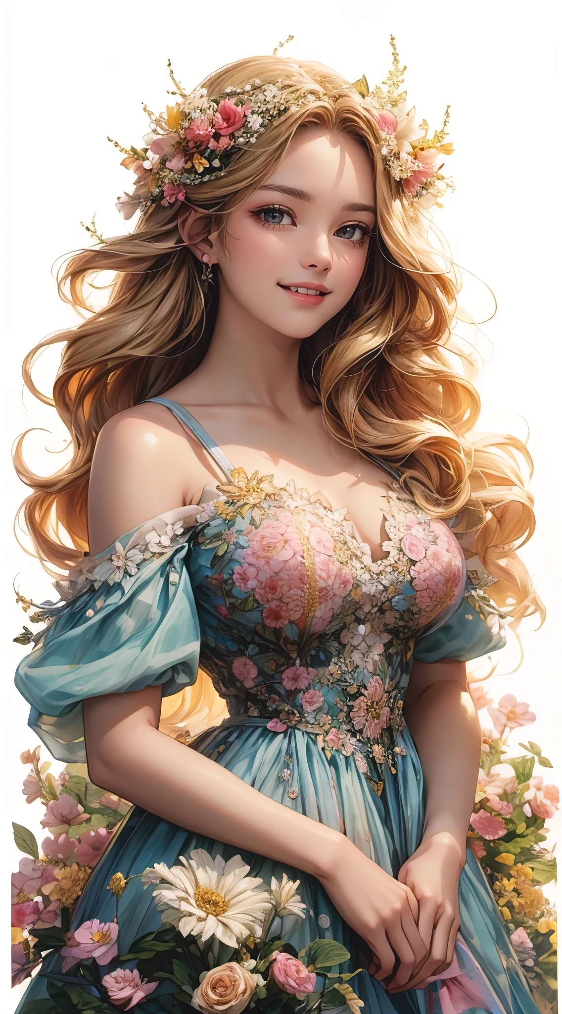 아름다운 여인의 놀라운 초상화, 여름의 정수를 표현하다. 그녀는 섬세한 꽃무늬 왕관으로 장식된 긴 웨이브 금발 머리를 가지고 있습니다., 그리고 그녀의 피부는 햇빛에 그을린 광채로 빛납니다. 여자는 흐르는 옷을 입고 있다, 그녀를 둘러싼 화사한 여름 꽃들과 자연스럽게 어우러지는 파스텔 컬러의 드레스. 그녀의 눈은 계절의 따뜻함과 기쁨으로 반짝인다, 그리고 그녀의 미소는 태양처럼 빛난다.