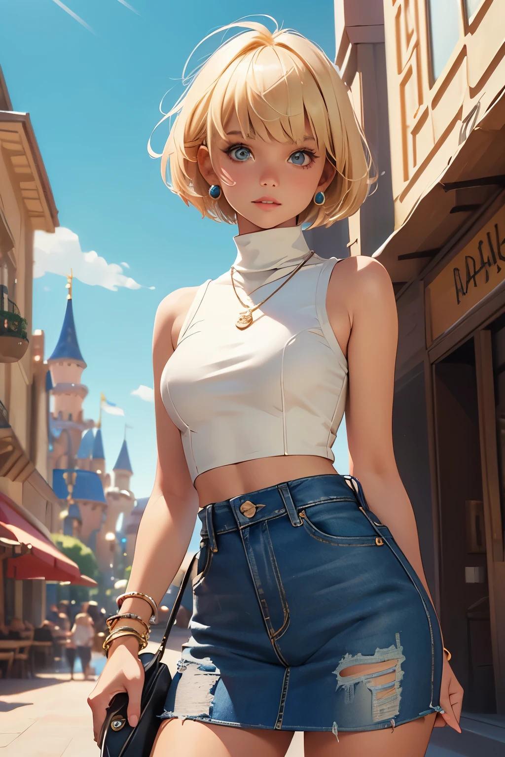 Teenage girl, blond pixie cut hair with bangs, wearing turtleneck sleeveless crop top and cropped denim mini skirt, bracelets, necklaces, summer outfit, Disneyland vibes