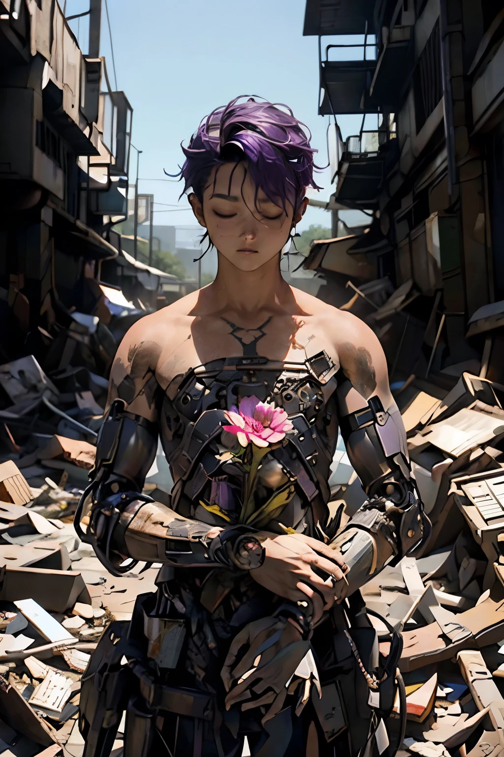 "A robotic hand emerges from a pile of trash and scrap, delicately holding a flower. Attached to the robotic arm is the hand of a teenage boy, the rest of his body buried beneath the junk. The boy has purple hair, and his eyes are closed, giving the impression of lifelessness. The robotic parts and the boy are dirty, covered in grime and debris from the junkyard. The environment is completely filled with junk."

