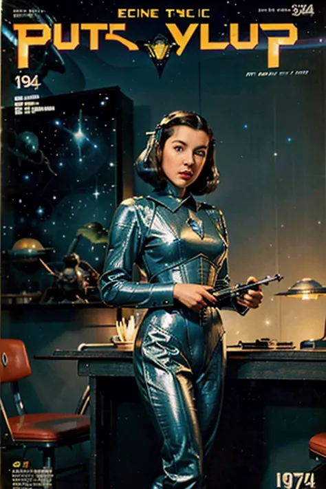 ((Retro image)), ((VINTAGE)), Vintage Sci-Fi action scene Fantasy Planet Pulp Fiction Pulp Sci-Fi Magazine, ((1940)) , UFO, Fliy...