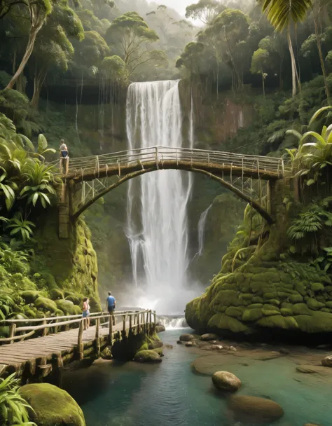 two adventurers, male and female, standing on a rustic wooden bridge in front of a tall, cascading waterfall set in a lush, trop...