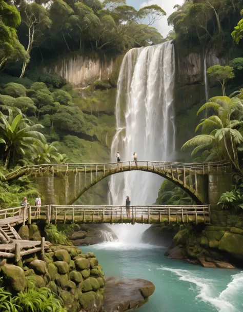 two adventurers, male and female, standing on a rustic wooden bridge in front of a tall, cascading waterfall set in a lush, trop...