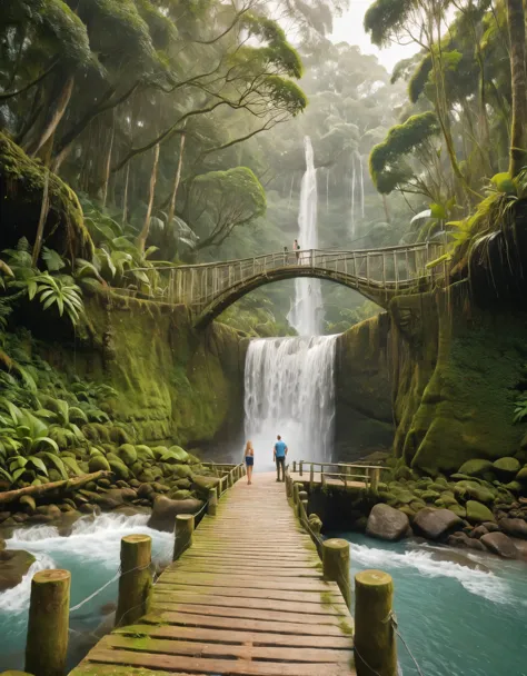 two adventurers, male and female, standing on a rustic wooden bridge in front of a tall, cascading waterfall set in a lush, trop...