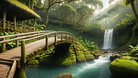 a rustic wooden bridge in front of a tall, cascading waterfall set in a lush, tropical rainforest. the scene is misty with sunli...