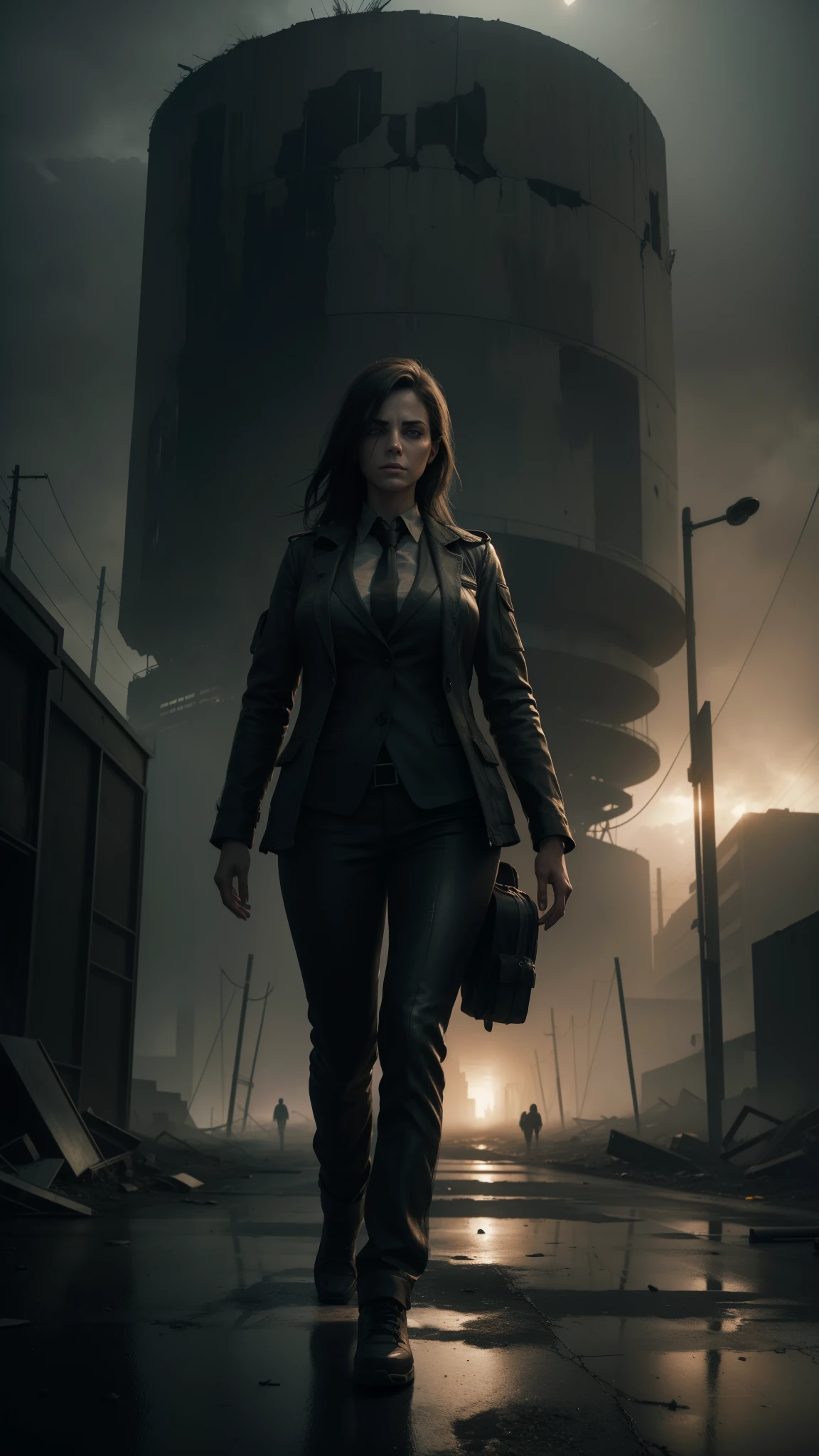 woman in a suit coming out of a huge bunker, yeux lumineux, eyes that shine, apocalyptic atmosphere, highly detailed, photorealistic, cinematic, dramatic lighting, muted color palette, gloomy, dystopian, cinematic composition, volumetric fog, atmospheric haze, dramatic shadows, ruined buildings, cracked pavement, debris, overcast sky, moody colors, cold tones, realistic textures, advanced 3D rendering, hyper detailed, award winning digital art