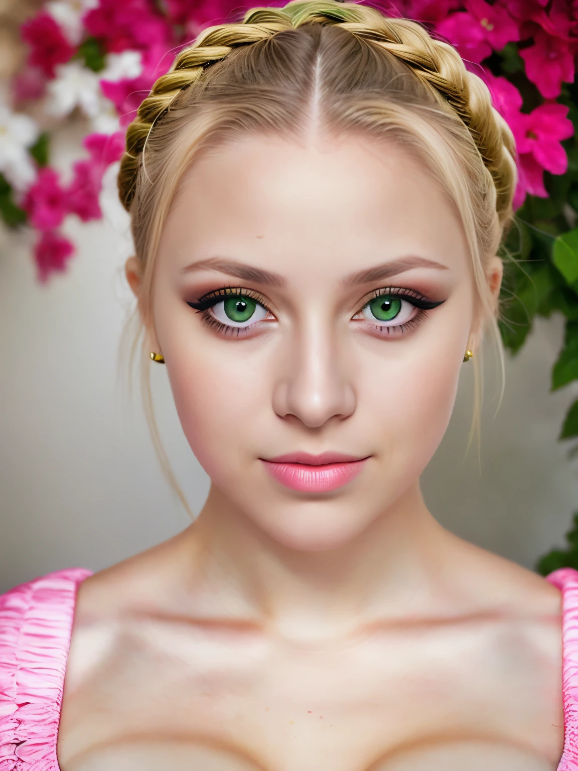 Photo of Ukrainian woman. Fits the face. 25 years old, sharp chin, raw photo, masterpiece, highly detailed photo, DSLR, photorealistic 3.9, ultra high resolution, top quality, pink lips, perfect makeup, big, bright green eyes, white