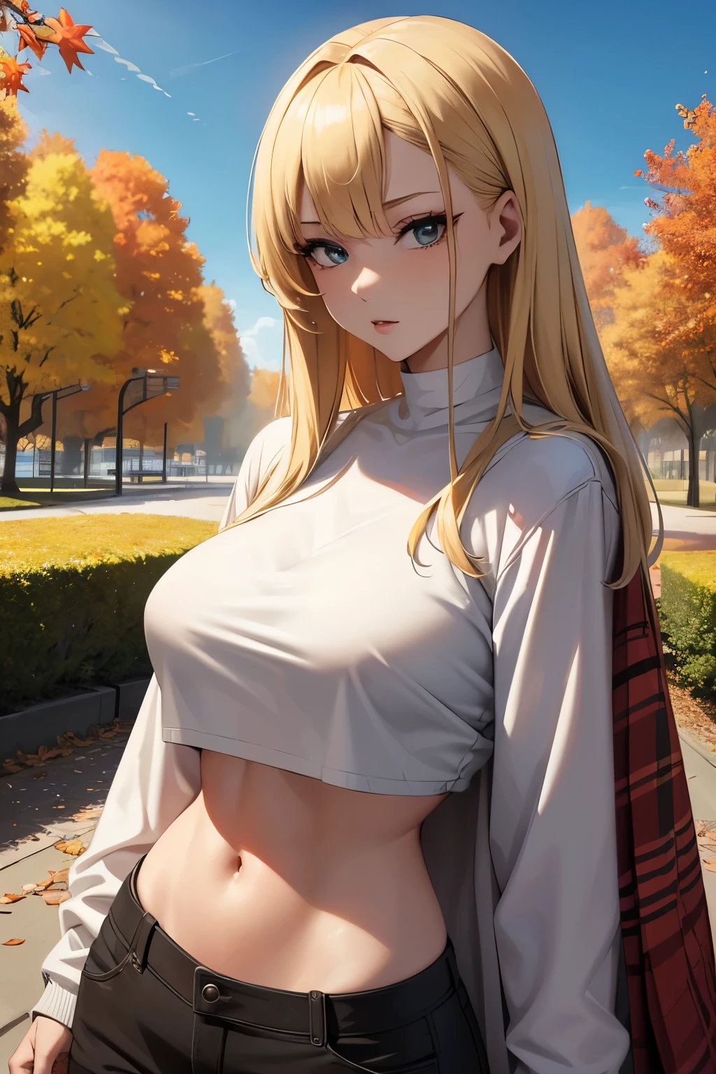 best quality, masterpiece, high resolution, cyber punk,//A park filled with autumn foliage, lady wearing cropped shirt, cozy blanket, blonde hair, sexy pose, sexy body,