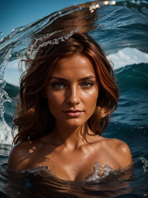 Highly detailed photograph of a dark tanned orange-haired European woman trapped in a wave of water. professional color modelsho...