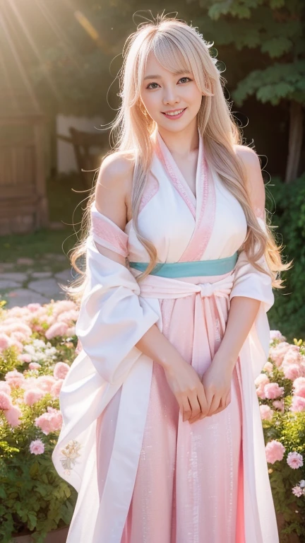 Extremely Detailed CG Unity 8k wallpaper，optimal lighting，super-detailed，best qality，Hi-Res，National style girl，pastel light，beautiful hair，Pink and white Hanfu costume，Open space，white silk，Bright Colors，He smiled，Stand in a sea of flowers