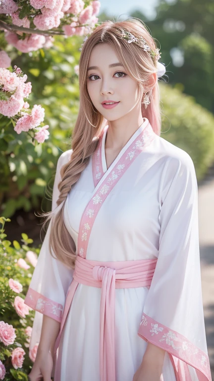 Extremely Detailed CG Unity 8k wallpaper，optimal lighting，super-detailed，best qality，Hi-Res，National style girl，pastel light，beautiful hair，Pink and white Hanfu costume，Open space，white silk，Bright Colors，He smiled，Stand in a sea of flowers