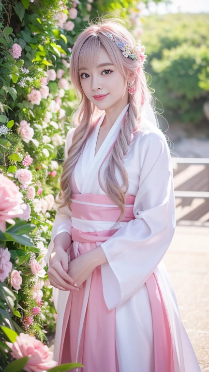 Extremely Detailed CG Unity 8k wallpaper，optimal lighting，super-detailed，best qality，Hi-Res，National style girl，pastel light，beautiful hair，Pink and white Hanfu costume，Open space，white silk，Bright Colors，He smiled，Stand in a sea of flowers