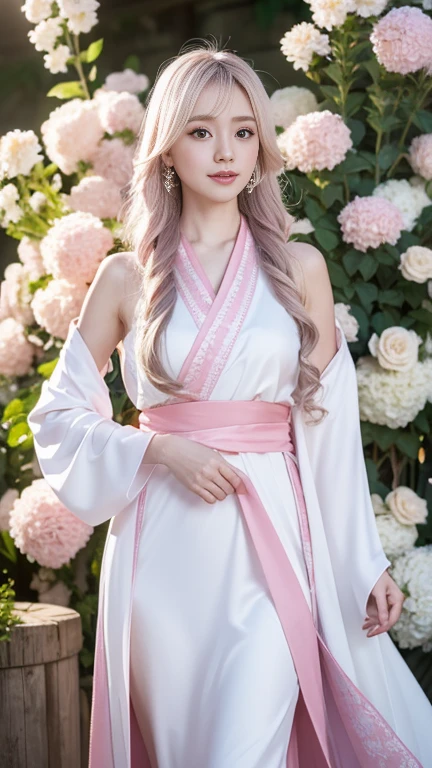 Extremely Detailed CG Unity 8k wallpaper，optimal lighting，super-detailed，best qality，Hi-Res，National style girl，pastel light，beautiful hair，Pink and white Hanfu costume，Open space，white silk，Bright Colors，He smiled，Stand in a sea of flowers