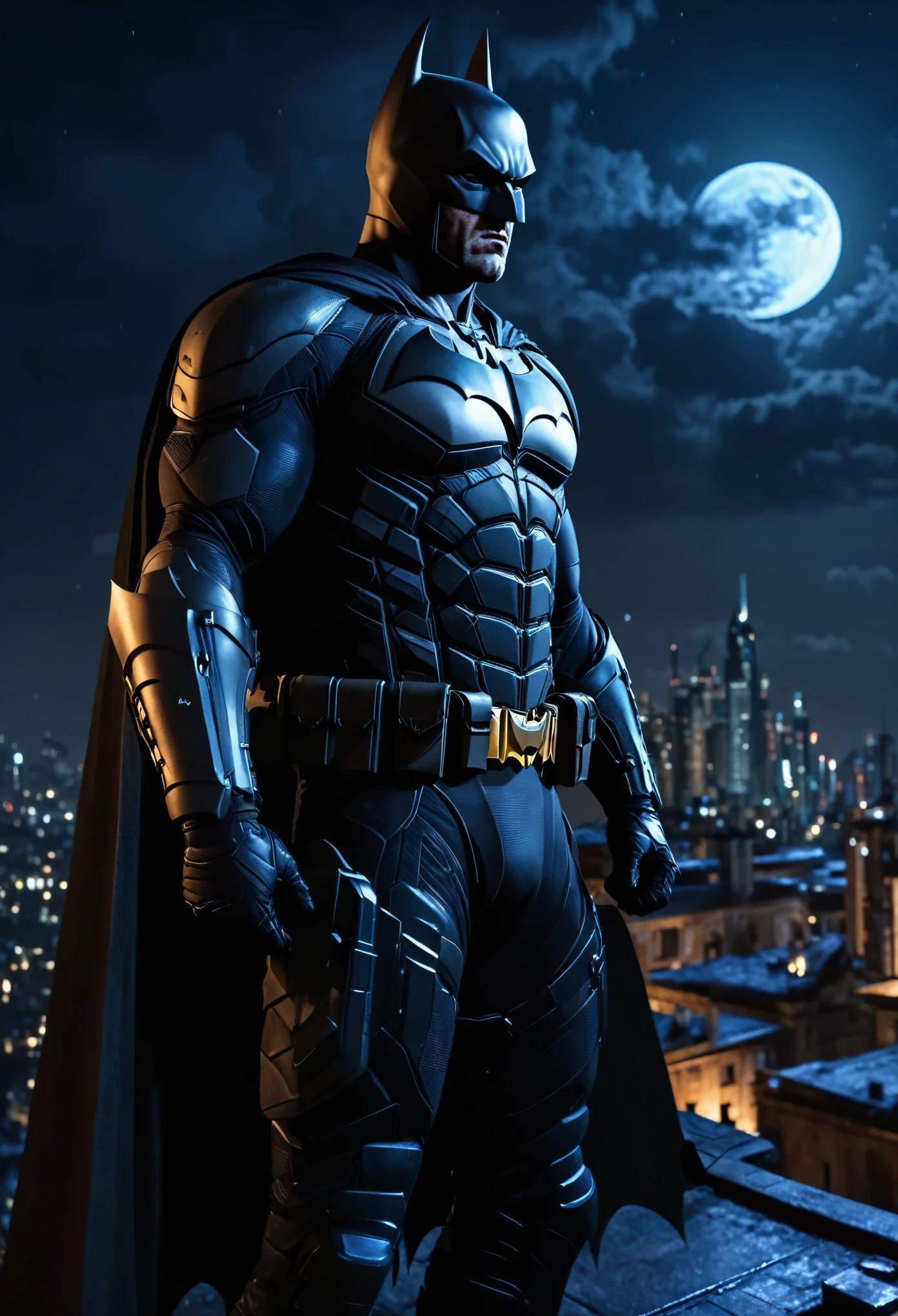 1 muscular batman in a dark tactical suit,night cityscape,dark moody atmosphere,detailed city skyline,dramatic lighting,flying over rooftops,full moon in the sky,gothic architecture,cinematic dramatic composition,highly detailed,unreal engine,8k, hyperrealistic, hyper detailed, 4k, photorealistic, studio lighting