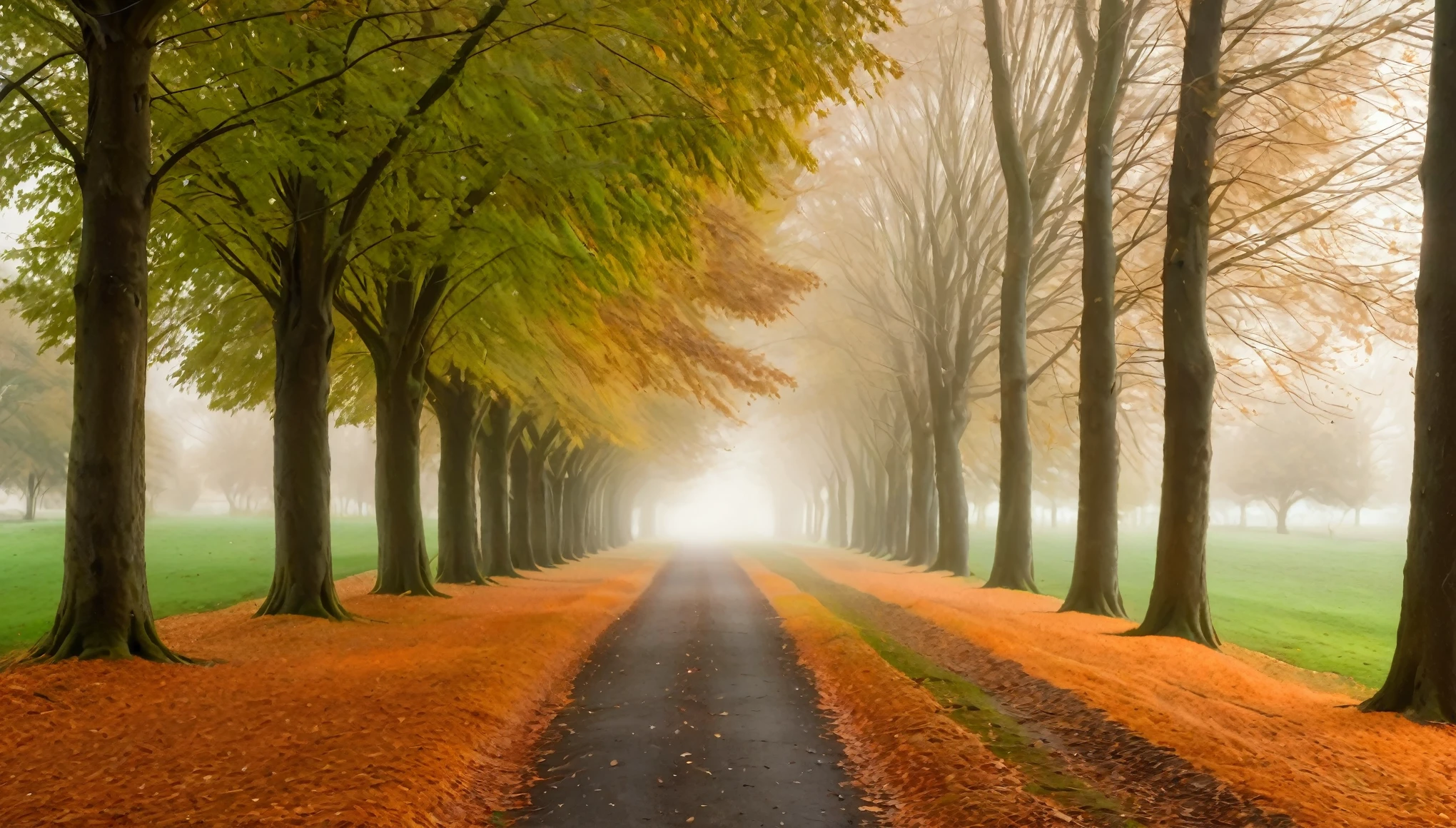 A serene, straight pathway lined with tall trees, capturing the essence of autumn. The trees on either side have dense, vibrant orange foliage creating a tunnel-like effect. The tree trunks are dark and robust, showing natural texture. The ground is covered with a light layer of fallen leaves matching the foliage color, adding to the autumn ambiance. The pathway itself is wide, with a slightly rough texture, composed of small gravel and dirt. On the right side of the image, green grass borders the path, contrasting with the orange tones of the trees. The background gradually fades into a soft mist, creating a dreamy, ethereal atmosphere. The sky is overcast, with a diffused light that enhances the colors of the leaves. The overall composition is symmetrical, with the pathway and tree line converging towards a vanishing point in the distance.