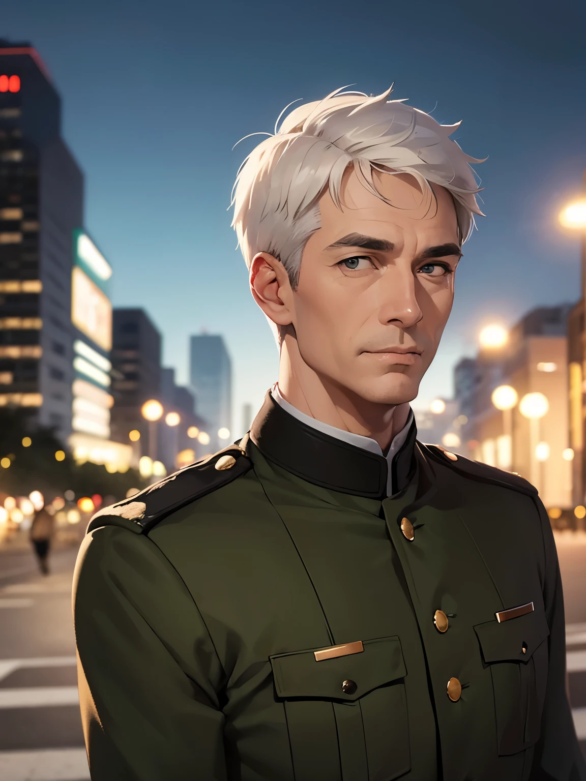 1mature men,50 years old,solo,Narrow eyes,white hair, short hair,black eyes,Army uniform,slight smile, standing in the park, night, close up photo