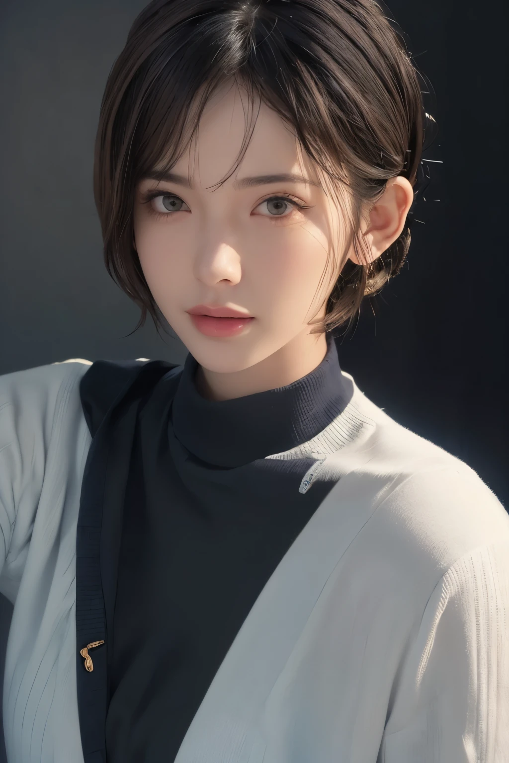 (masterpiece:1.3), (8k, lifelike, original photo, best quality: 1.4), (1 girl), pretty face, (lifelike face), (black hair, short hair:1.3), beautiful hairstyle, Lifelike eyes, Beautiful and delicate eyes, (lifelike skin), Beautiful skin, (sweater), Ridiculous, attractive, ultra high resolution, Surreal, Very detailed, golden ratio，whole body，slim waist，raised buttocks，