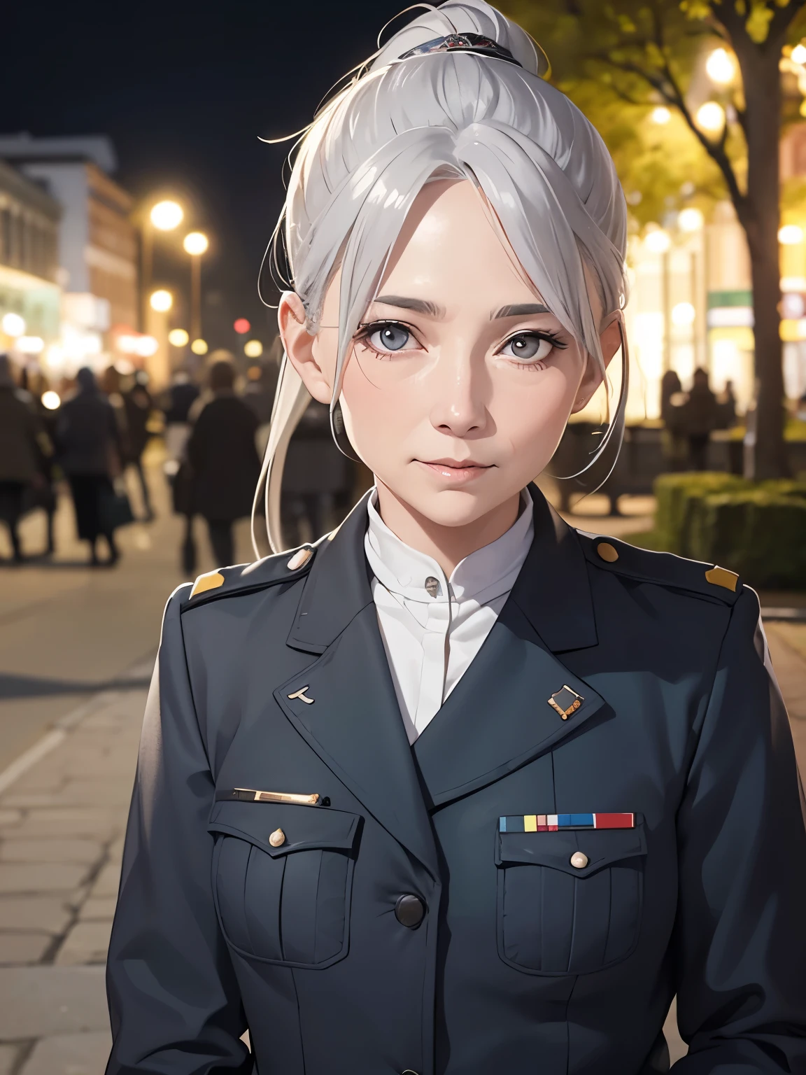 1old woman,white skin,50 years old,solo,Narrow eyes,grey hair, medium hair,ponytail,Army uniform,slight smile, standing in the park, night, close up photo