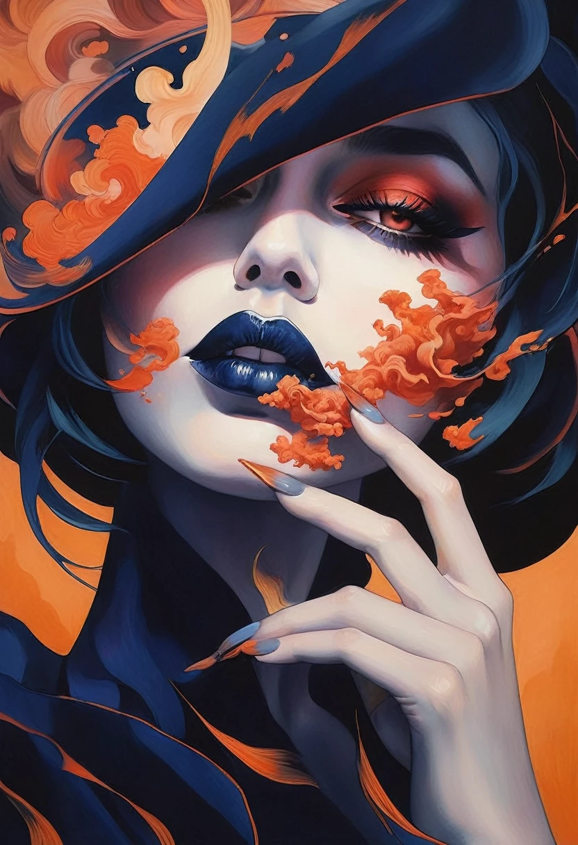 chiaroscuro technique on sensual illustration of an devilish woman portrait of a woman covered in cloud of smoke, whirlwind, coral highlight colors, coral make-up, hints of pastel, misty, seductive, sultry, breathtaking, oil painting style, artistic, aesthetic modern art, hyper-realism by Hannah Dale, by Harumi Hironaka