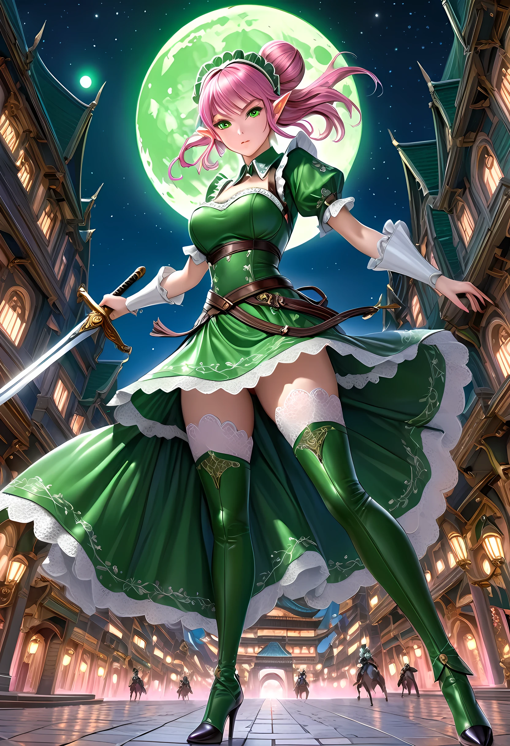 high details, best quality, 16k, [ultra detailed], masterpiece, best quality, (extremely detailed), full body, ultra wide shot, photorealistic, a picture of a female elf, in tight lace maid uniform (((masterpiece))), high heeled, leather boots, ready for combat wielding a sword (((masterpiece))), she has (pink: 1.5) hair in a bun, glowing (green: 1.5) eyes, she stands ready for battle in fantasy dark street of fantasy palace, its night time, the moon is high in the sky, many stars in the night, high details, best quality, highres, ultra wide angle, DonMN1gh7XL lace drawing,