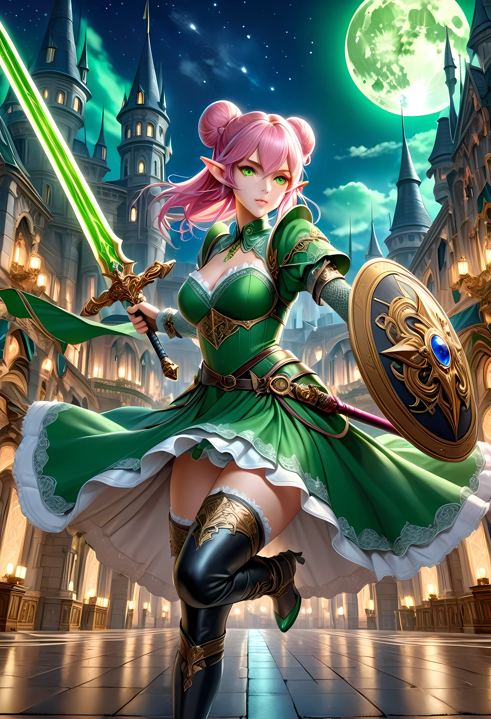 high details, best quality, 16k, [ultra detailed], masterpiece, best quality, (extremely detailed), full body, ultra wide shot, photorealistic, a picture of a female elf, in tight lace maid uniform (((masterpiece))), high heeled, leather boots, ready for combat wielding a sword (((masterpiece))), she has (pink: 1.5) hair in a bun, glowing (green: 1.5) eyes, she stands ready for battle in fantasy dark street of fantasy palace, its night time, the moon is high in the sky, many stars in the night, high details, best quality, highres, ultra wide angle, DonMN1gh7XL lace drawing,