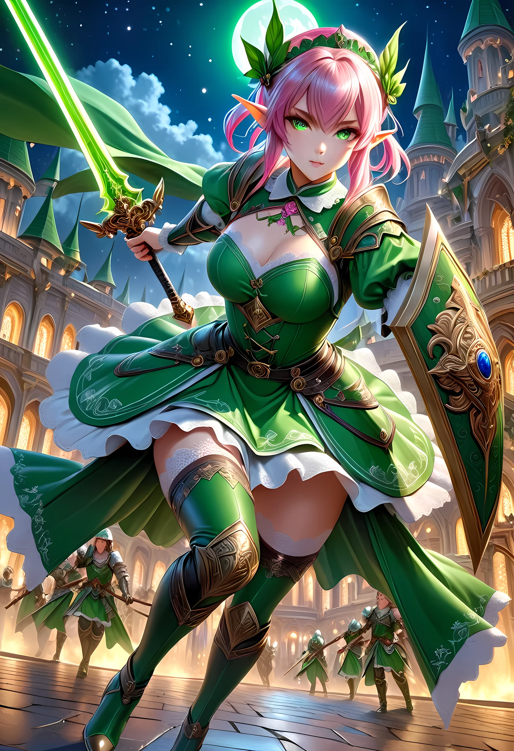 high details, best quality, 16k, [ultra detailed], masterpiece, best quality, (extremely detailed), full body, ultra wide shot, photorealistic, a picture of a female elf, in tight lace maid uniform (((masterpiece))), high heeled, leather boots, ready for combat wielding a sword (((masterpiece))), she has (pink: 1.5) hair in a bun, glowing (green: 1.5) eyes, she stands ready for battle in fantasy dark street of fantasy palace, its night time, the moon is high in the sky, many stars in the night, high details, best quality, highres, ultra wide angle, DonMN1gh7XL lace drawing,