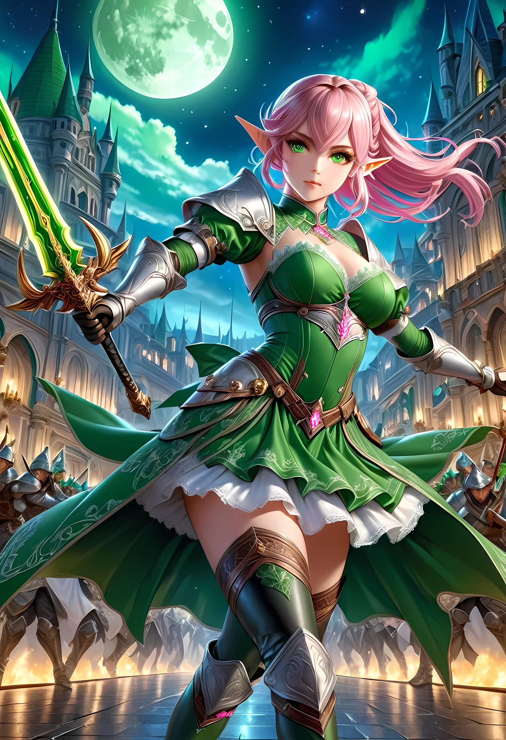 high details, best quality, 16k, [ultra detailed], masterpiece, best quality, (extremely detailed), full body, ultra wide shot, photorealistic, a picture of a female elf, in tight lace maid uniform (((masterpiece))), high heeled, leather boots, ready for combat wielding a sword (((masterpiece))), she has (pink: 1.5) hair in a bun, glowing (green: 1.5) eyes, she stands ready for battle in fantasy dark street of fantasy palace, its night time, the moon is high in the sky, many stars in the night, high details, best quality, highres, ultra wide angle, DonMN1gh7XL lace drawing,