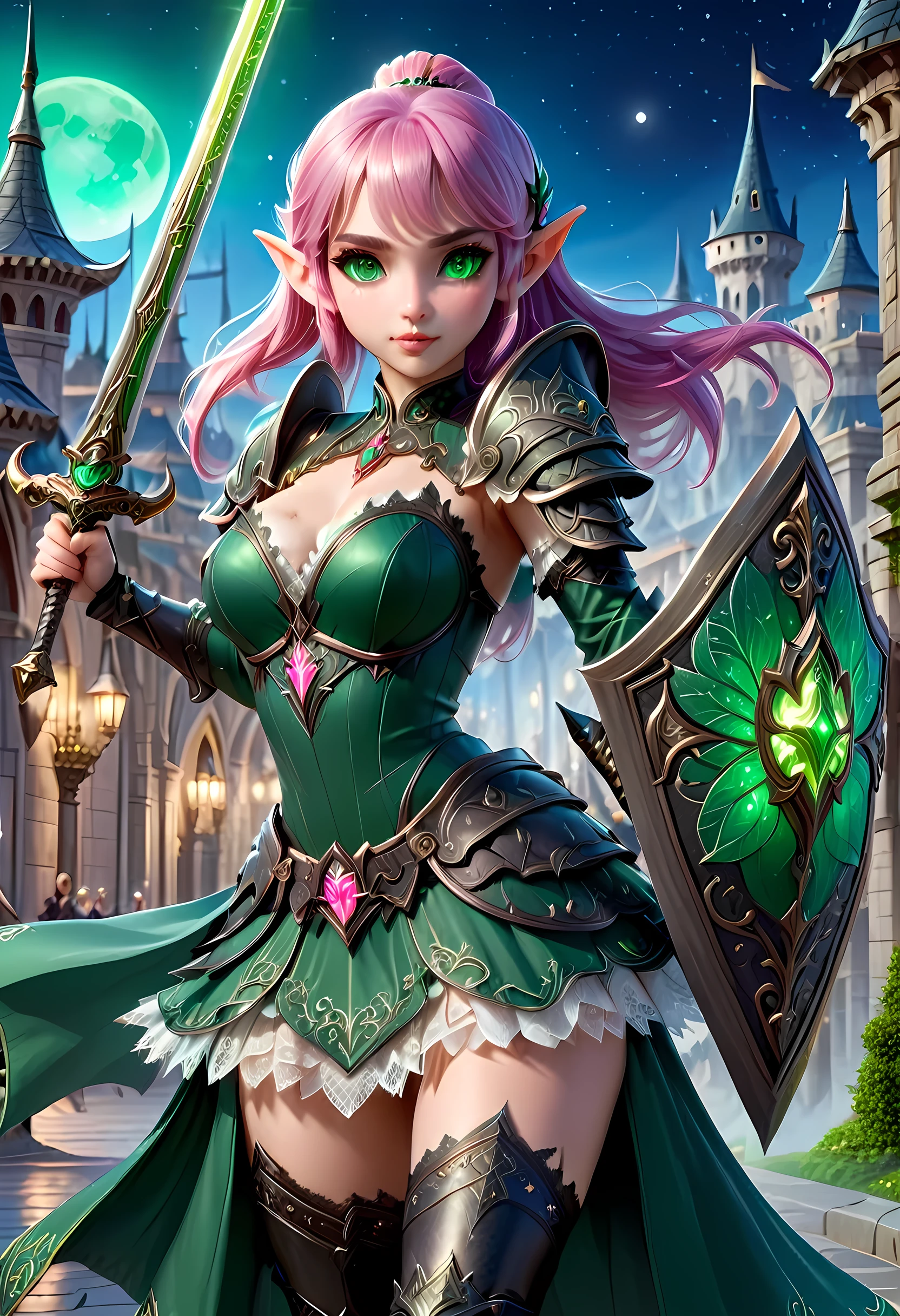 modisn disney, high details, best quality, 16k, [ultra detailed], masterpiece, best quality, (extremely detailed), full body, ultra wide shot, photorealistic, a picture of a female elf, in tight lace maid uniform (((masterpiece))), high heeled, leather boots, ready for combat wielding a sword (((masterpiece))), she has (pink: 1.5) hair in a bun, glowing (green: 1.5) eyes, she stands ready for battle in fantasy dark street of fantasy palace, its night time, the moon is high in the sky, many stars in the night, high details, best quality, highres, ultra wide angle, DonMN1gh7XL lace drawing,