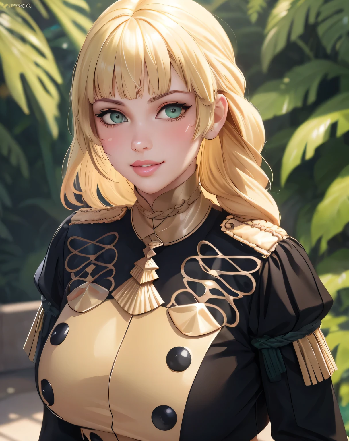 defIngrid, bangs, braided ponytail 2.0, black jacket, masterpiece, best quality, ultra-detailed), realistic style, very close up shot 2.0, gmuniform, gmuniform, garden 2.0, looking at viewer 2.0, perfect eyes 2.0, blushing, face shot 2.0, face shot 2.0, face shot 2.0, face shot 2.0, very sexy smile 2.0, very luscious lips 2.0,, very heavy eyeshadow 2.0, very heavy makeup 2.0, round face, very thick lips 2.0, very glossy lips 2.0, very pouty lips 2.0, shiny skin, lustrous skin 2.0, plump lips 2.0, incredibly pretty 2.0, incredibly beautiful 2.0, supermodel face 2.0, very sexy 2.0, face shot 2.0, face shot 2.0, perfect eyes, cute nose, very sexy smile 2.0, very luscious lips 2.0,, very heavy eyeshadow 2.0, very heavy makeup 2.0, round face, very thick lips 2.0, very glossy lips 2.0, very pouty lips 2.0, shiny skin, lustrous skin 2.0, plump lips 2.0, incredibly pretty 2.0, incredibly beautiful 2.0, supermodel face 2.0, very sexy 2.0, very sexy smile 2.0, very luscious lips 2.0,, very heavy eyeshadow 2.0, very heavy makeup 2.0, round face, very thick lips 2.0, very glossy lips 2.0, very pouty lips 2.0, shiny skin, lustrous skin 2.0, plump lips 2.0, incredibly pretty 2.0, incredibly beautiful 2.0, supermodel face 2.0, very sexy 2.0, blond hair, very close up shot 2.0, looking at viewer 2.0, green eyes, very sexy 2.0,  very heavy eyeshadow 2.0, very heavy makeup 2.0