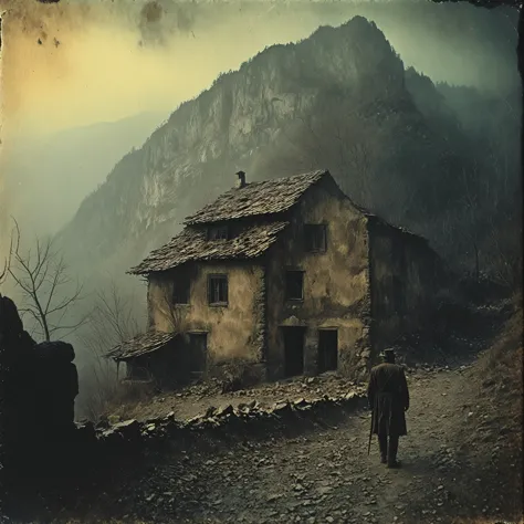 eerie horror scene, old 35mm vintage, dark grainy old photo, 1800-century explorer in mountain scenery, intricate matte painting...