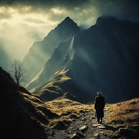 eerie horror scene, old 35mm vintage, dark grainy old photo, 1800-century explorer in mountain scenery, god rays