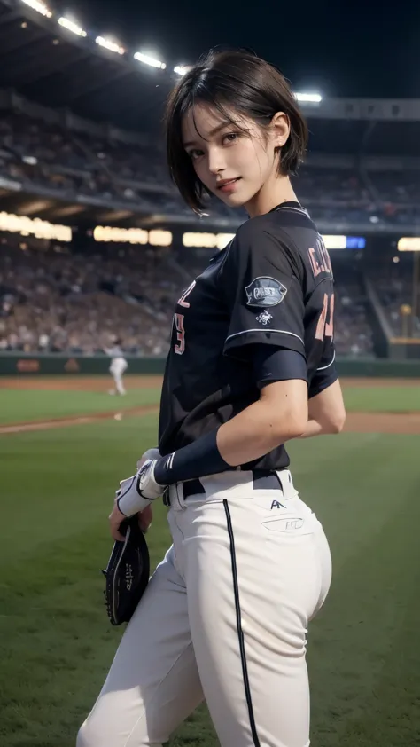 (Clothing:2.0, Baseball Uniforms:2.0), (baseball Ground:1.5), (Wet:1.5), ((A grin:1.2, short hair:1.2, slender:1.5, Small Ass:1....