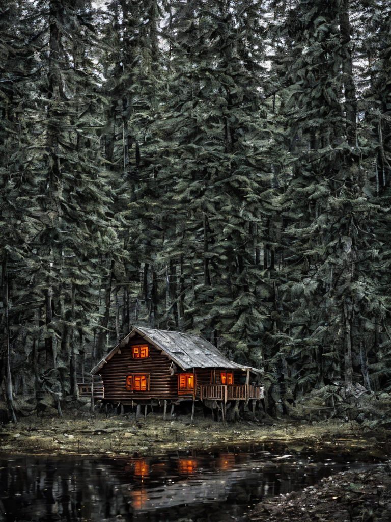 Wooden cabin in the forest, river flowing past