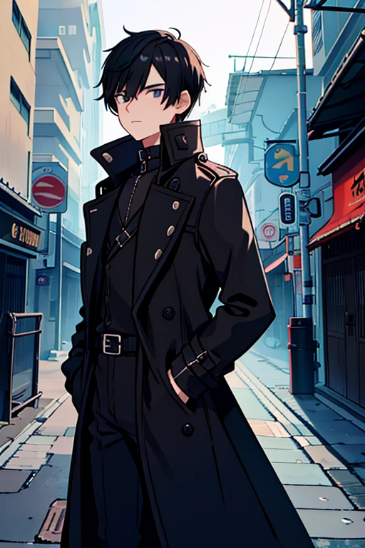 Boy with Black coat hair Black medium Black trench coat punk rock 