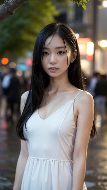 top-quality。８K-Picture。Ultra-high pixel。Rainy night on background。girl with。length hair。Wet in the rain。Wearing a white dress。Th...