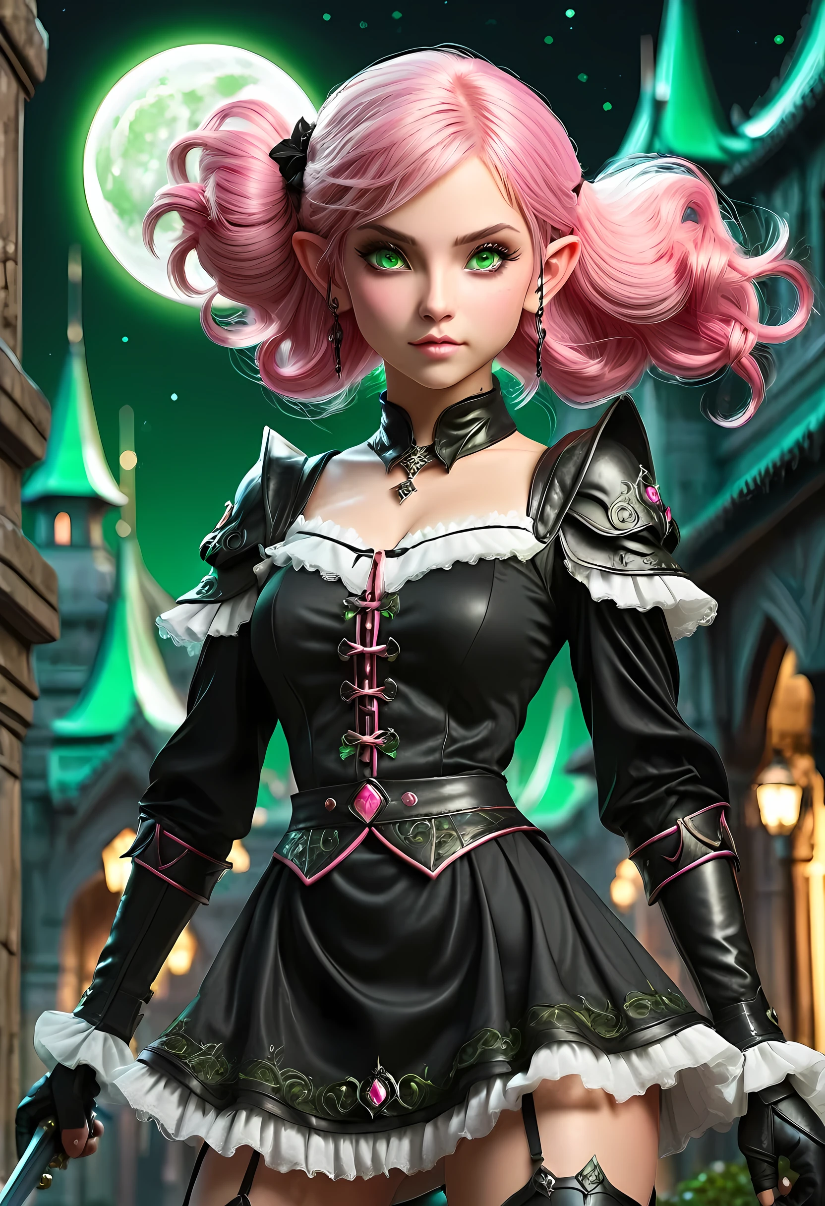 Arafed, high details, best quality, 16k, [ultra detailed], masterpiece, best quality, (extremely detailed), full body, ultra wide shot, photorealistic, a picture of a female elf, in ((black and white: 1.5)) tight lace maid uniform (((masterpiece))), high heeled, leather boots, ready for combat wielding a sword (((masterpiece))), she has (pink: 1.5) hair in a bun, glowing (green: 1.5) eyes, she stands ready for battle in fantasy dark street of fantasy palace, its night time, the moon is high in the sky, many stars in the night, high details, best quality, highres, ultra wide angle, cybrk