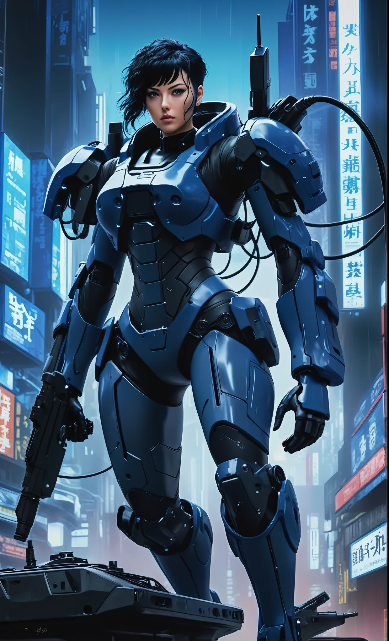 Ghost in the Shell Vol.2, by Luis Duarte, Luis Duarte style, blue and black shading, Neo-Tokyo style, Element Air, Mythpunk, Graphic Interface, Sci-Fic Art, Dark Influence, NijiExpress 3D v3, Kinetic Art, Datanoshing, Oilpainting, Ink v3, Splash style, Abstract Art, Abstract Tech, Cyber Tech Elements, Futuristic, Illustrated v3, Deco Influence, AirBrush style, drawing