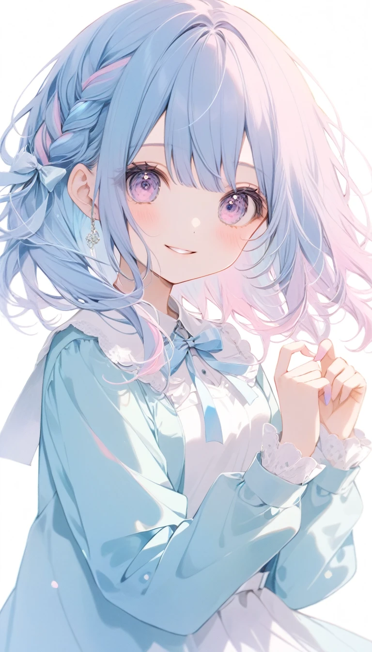 pastel colors, smile, 1girl,pastel blue color hair,