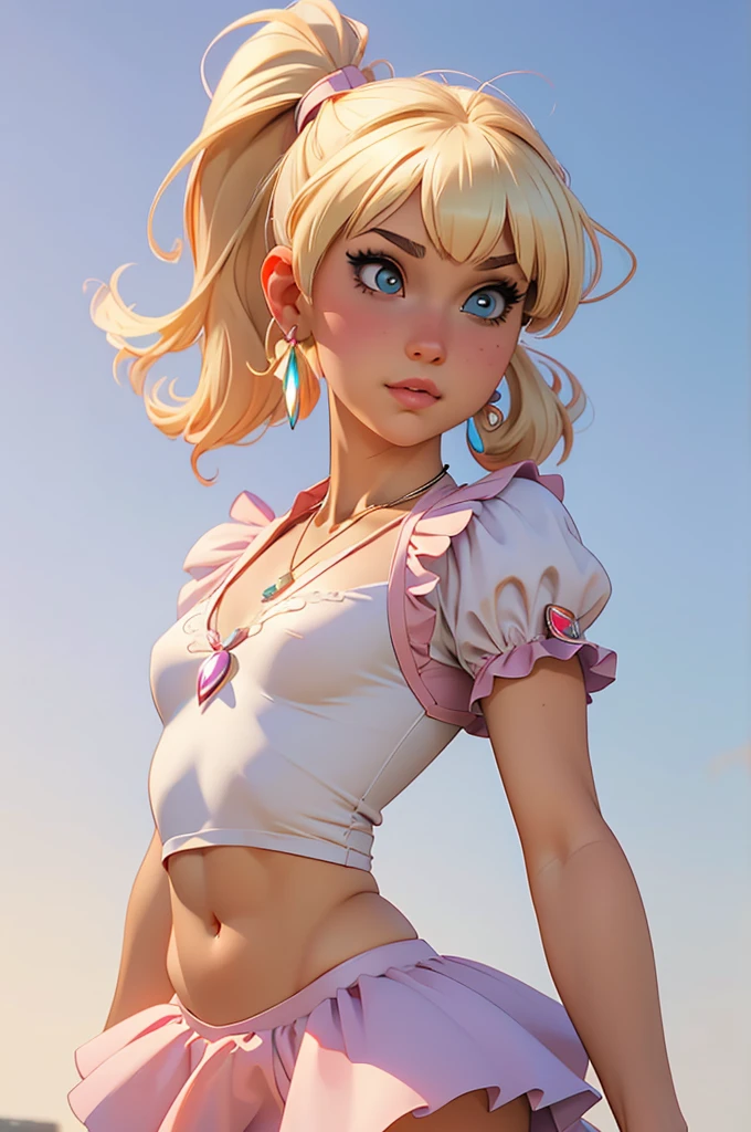 (best quality,4k,highres,ultra-detailed,realistic:1.2), woman, small breasts,short blond  hair with a pigtail and bangs,  flat abs, raimbow magical girl outfit, magical girl cosplay, manga cosplay, earrings , necklace out, fantasy manga